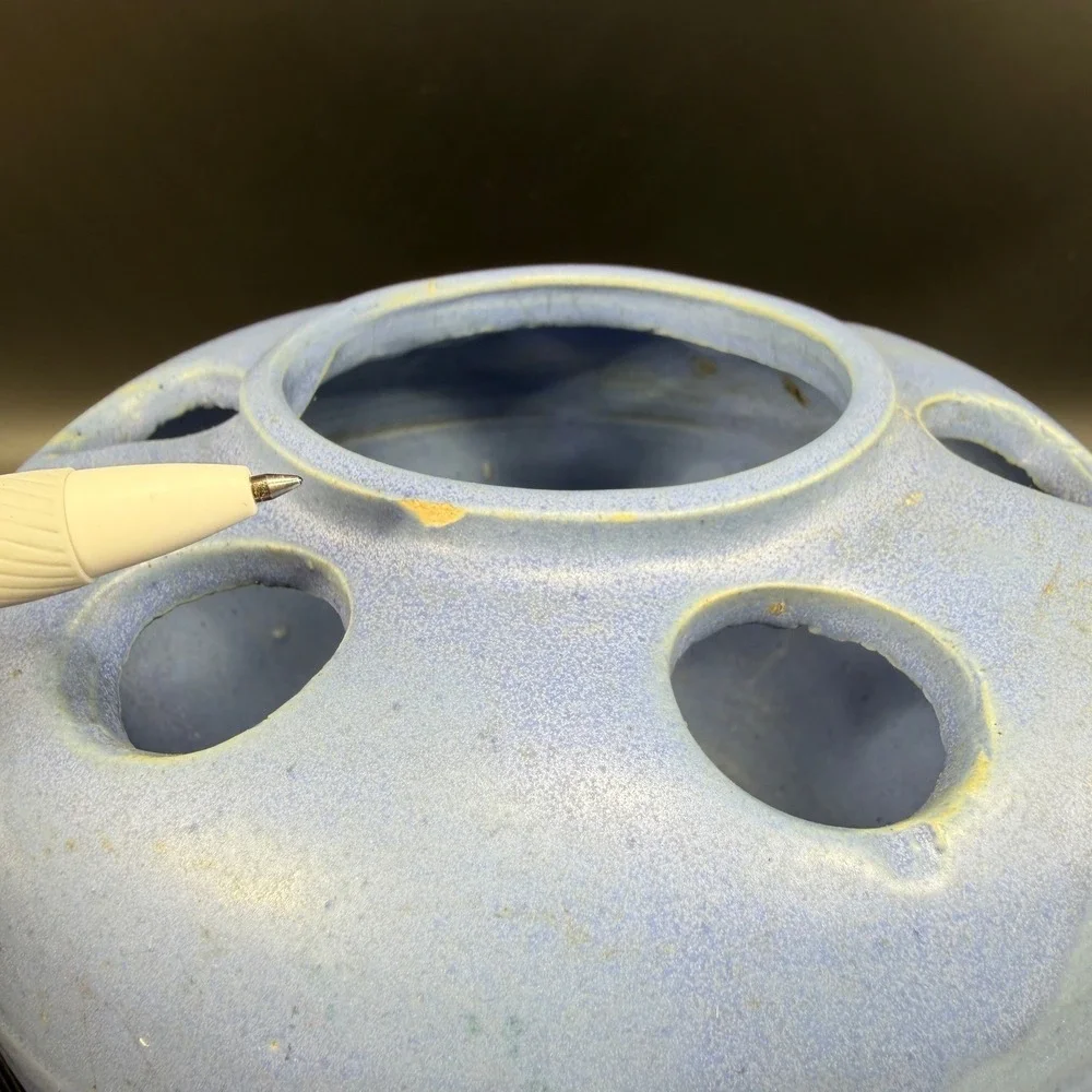 Antique Pale Blue Pottery Large Flower Frog 6-Hole Round Pottery Vase Vessel VTG